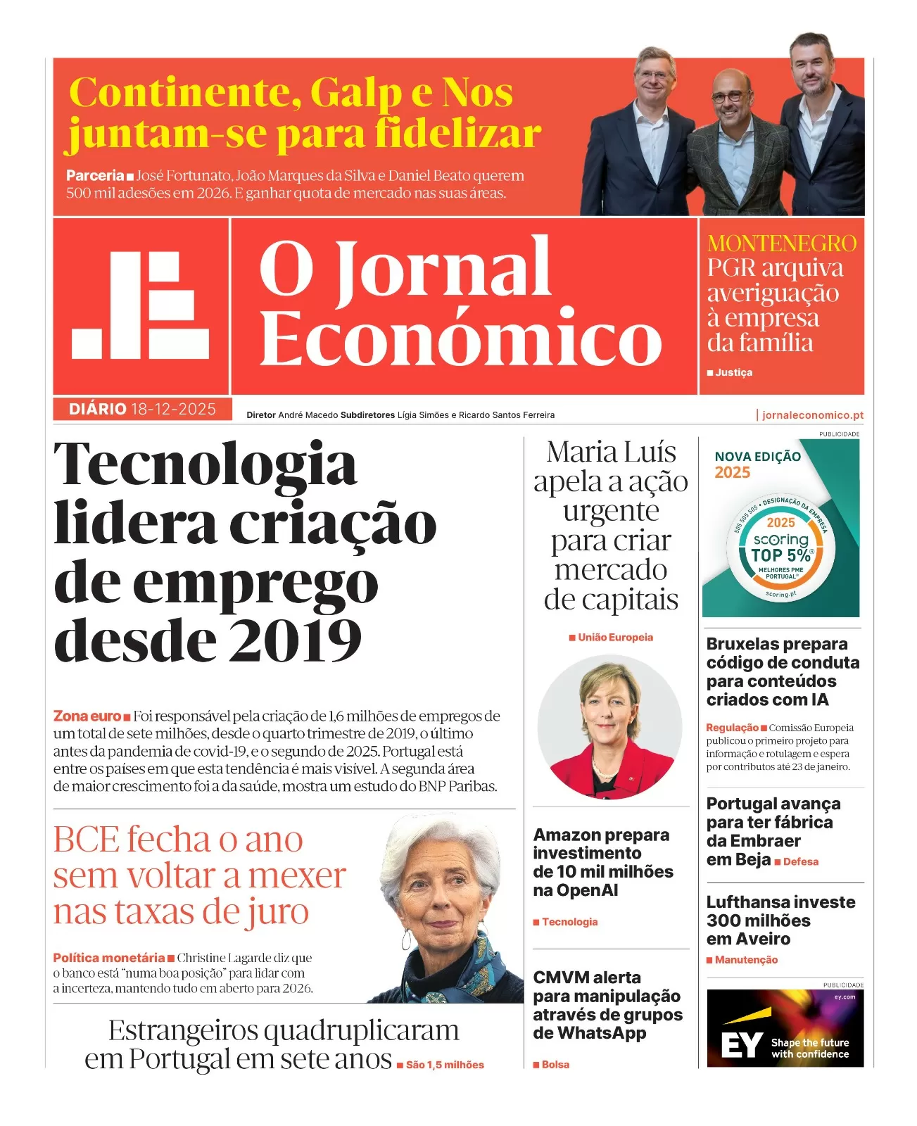 A primeira página do Jornal Económico de 18 de dezembro