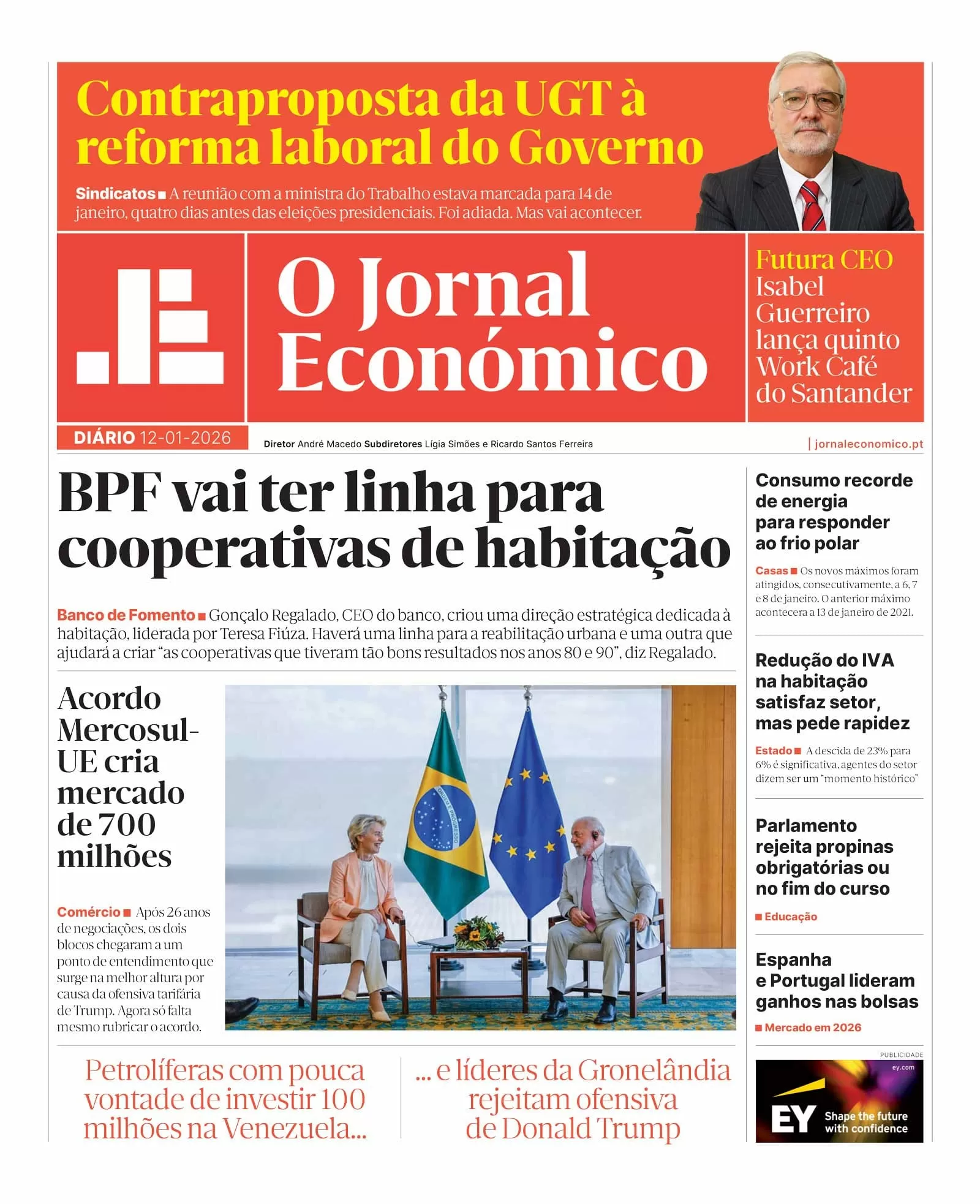 A primeira página do Jornal Económico de 12 de janeiro